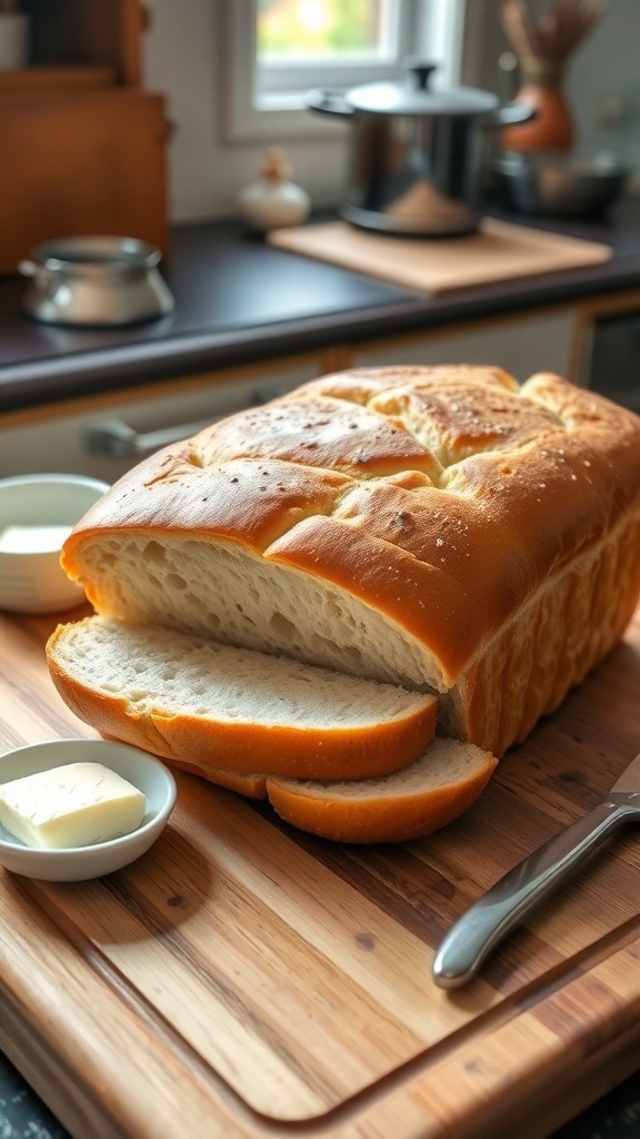 Homemade Sandwich Bread Dough in a Bread Machine A golden brown loaf of sandwich bread sliced on a wooden board with butter and a knife.